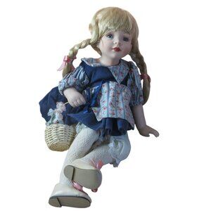 Porcelain 16" Sitting Girl Doll - Blonde Pig Tails - Blue Dress Floral Accents